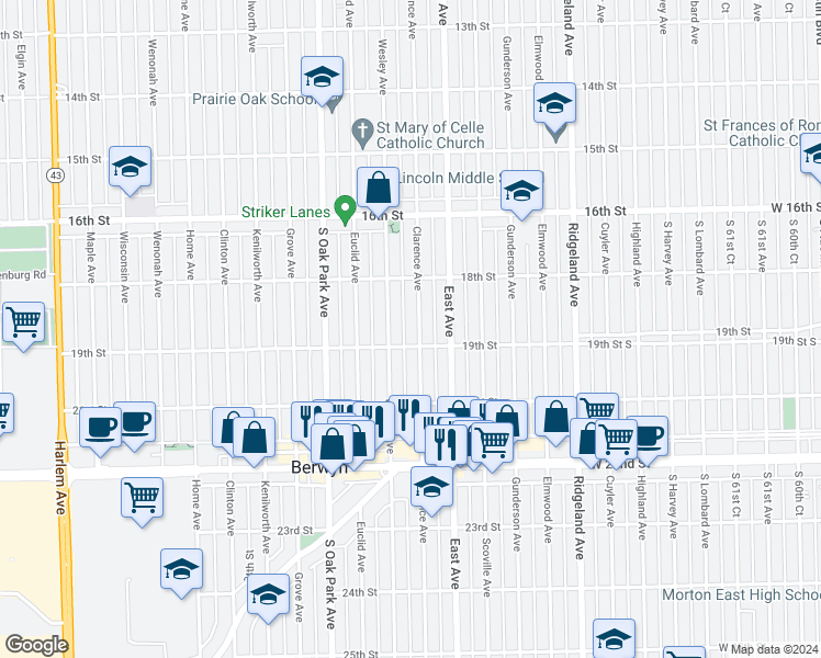 map of restaurants, bars, coffee shops, grocery stores, and more near 1843 Wesley Avenue in Berwyn