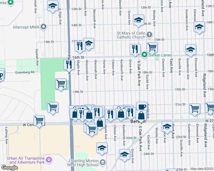 map of restaurants, bars, coffee shops, grocery stores, and more near 1837 Home Avenue in Berwyn