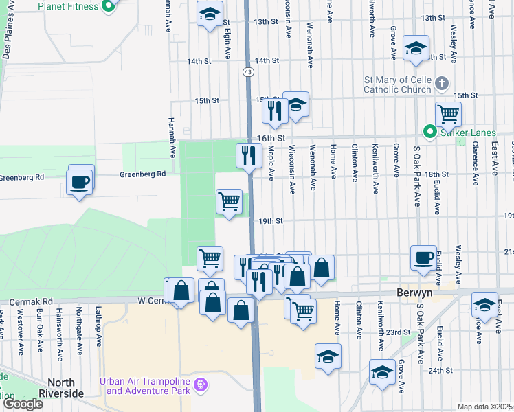 map of restaurants, bars, coffee shops, grocery stores, and more near 1835 Harlem Avenue in North Riverside
