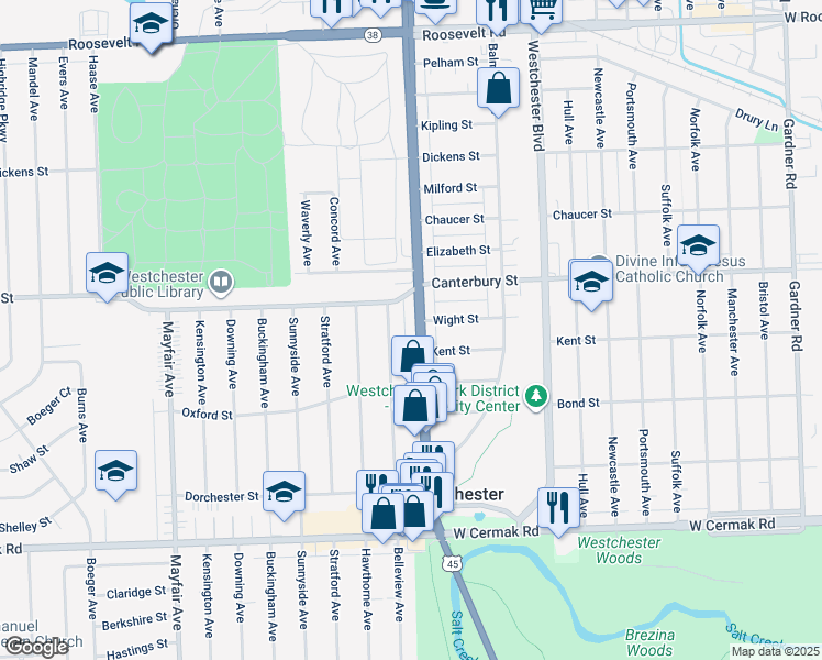 map of restaurants, bars, coffee shops, grocery stores, and more near 1645 South Mannheim Road in Westchester