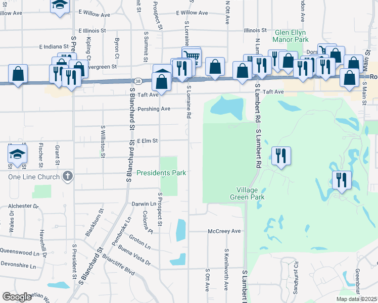 map of restaurants, bars, coffee shops, grocery stores, and more near 1115 South Lorraine Road in Wheaton