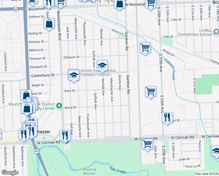 map of restaurants, bars, coffee shops, grocery stores, and more near 1656 Manchester Avenue in Westchester