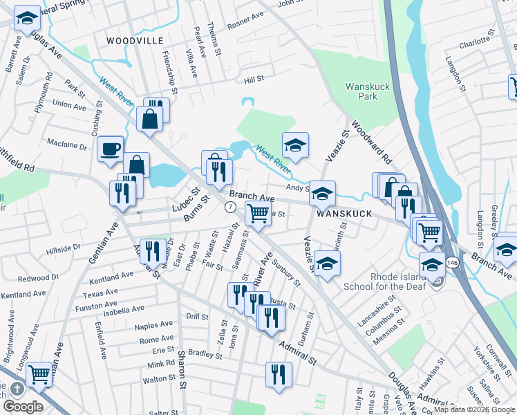 map of restaurants, bars, coffee shops, grocery stores, and more near 63 Henrietta Street in Providence