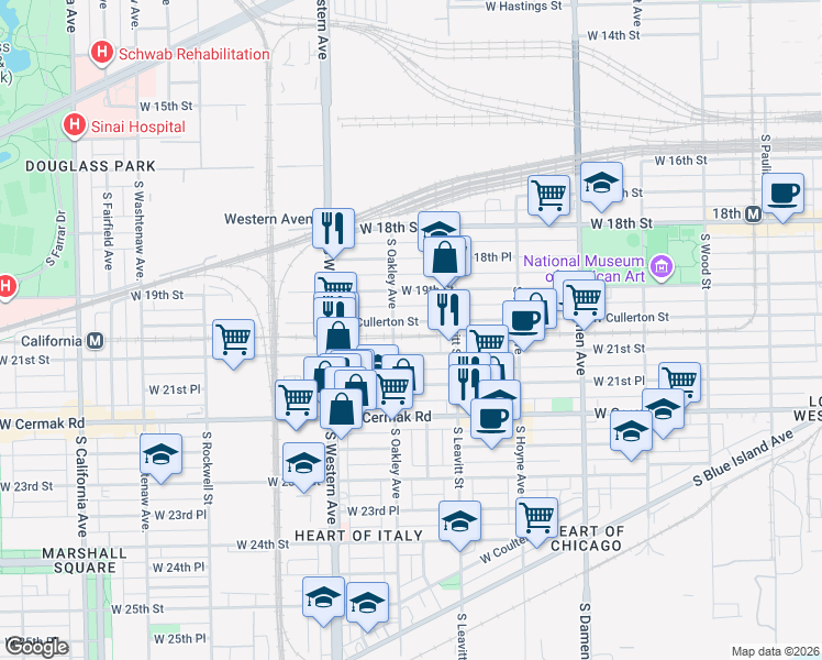 map of restaurants, bars, coffee shops, grocery stores, and more near 2247 West Cullerton Street in Chicago