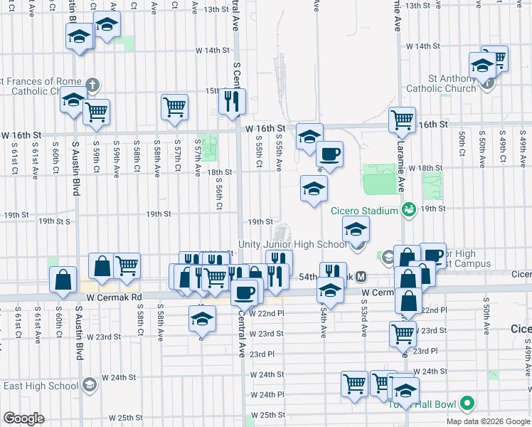 map of restaurants, bars, coffee shops, grocery stores, and more near 1844 South 55th Avenue in Cicero