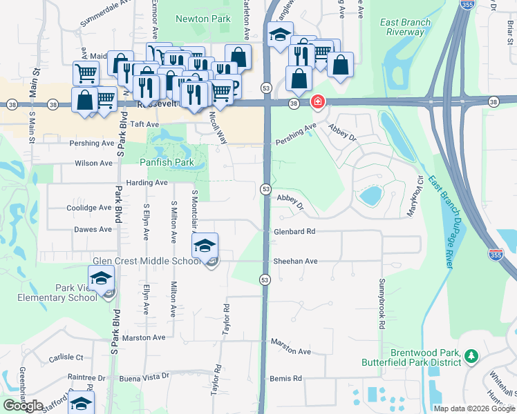 map of restaurants, bars, coffee shops, grocery stores, and more near 780 Glenbard Road in Glen Ellyn