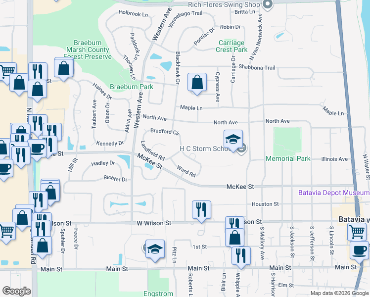 map of restaurants, bars, coffee shops, grocery stores, and more near 365 Bradford Circle in Batavia