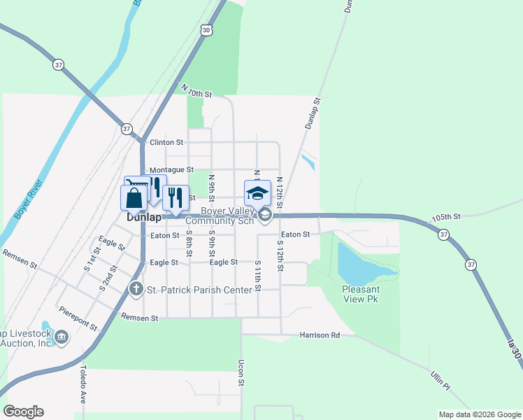 map of restaurants, bars, coffee shops, grocery stores, and more near 1009 Iowa Avenue in Dunlap