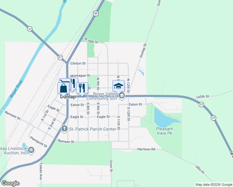 map of restaurants, bars, coffee shops, grocery stores, and more near 1009 Iowa Avenue in Dunlap