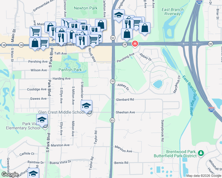 map of restaurants, bars, coffee shops, grocery stores, and more near 129 Harding Avenue in Glen Ellyn