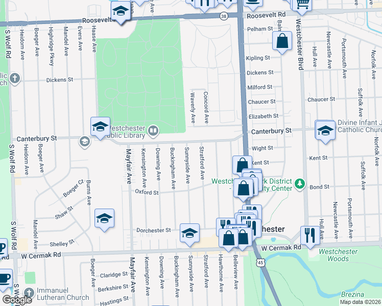 map of restaurants, bars, coffee shops, grocery stores, and more near 1623 Sunnyside Avenue in Westchester