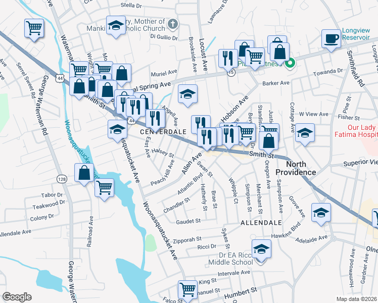 map of restaurants, bars, coffee shops, grocery stores, and more near 10 Fenway Street in North Providence