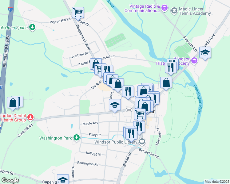 map of restaurants, bars, coffee shops, grocery stores, and more near 85 Poquonock Avenue in Windsor