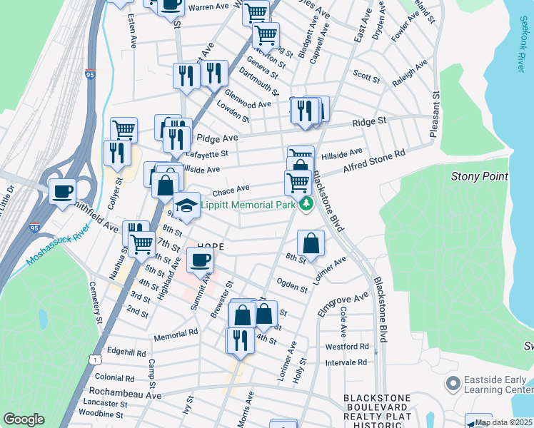 map of restaurants, bars, coffee shops, grocery stores, and more near 93 11th Street in Providence