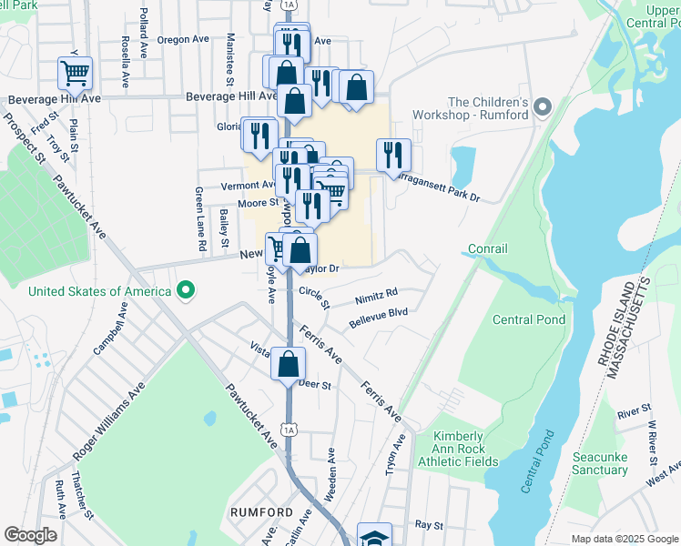 map of restaurants, bars, coffee shops, grocery stores, and more near 43 Taylor Drive in East Providence