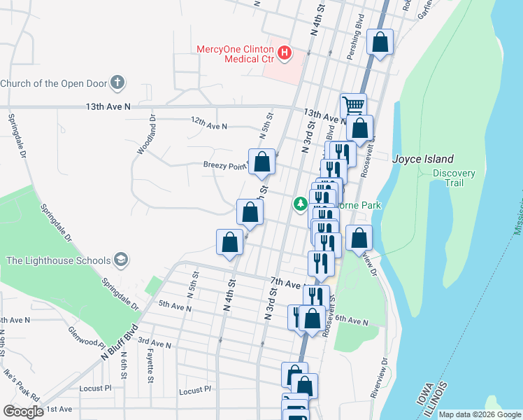 map of restaurants, bars, coffee shops, grocery stores, and more near 909 North 4th Street in Clinton