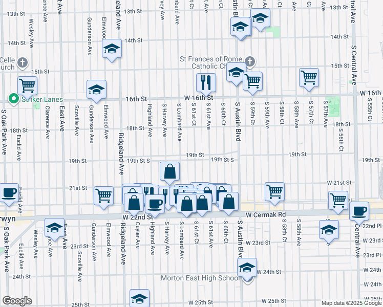 map of restaurants, bars, coffee shops, grocery stores, and more near 6142 19th Street in Cicero
