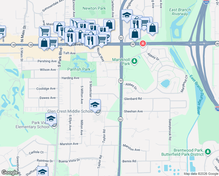 map of restaurants, bars, coffee shops, grocery stores, and more near 756 Glenbard Road in Glen Ellyn