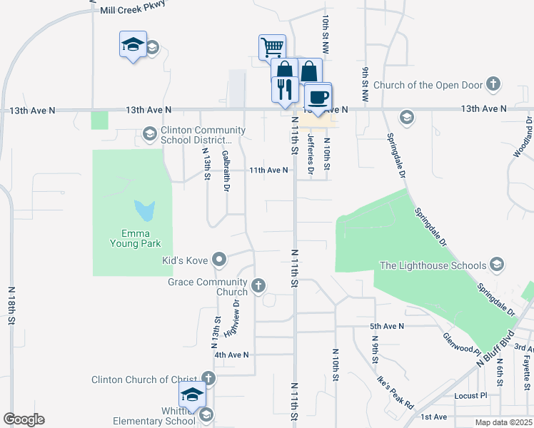 map of restaurants, bars, coffee shops, grocery stores, and more near 1143 10th Avenue North in Clinton