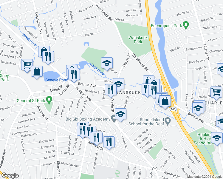 map of restaurants, bars, coffee shops, grocery stores, and more near 888 Branch Avenue in Providence