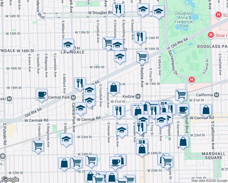 map of restaurants, bars, coffee shops, grocery stores, and more near 1931 South Homan Avenue in Chicago
