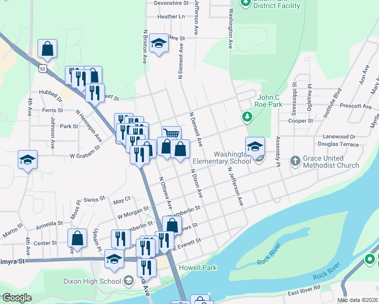map of restaurants, bars, coffee shops, grocery stores, and more near 732 North Dixon Avenue in Dixon