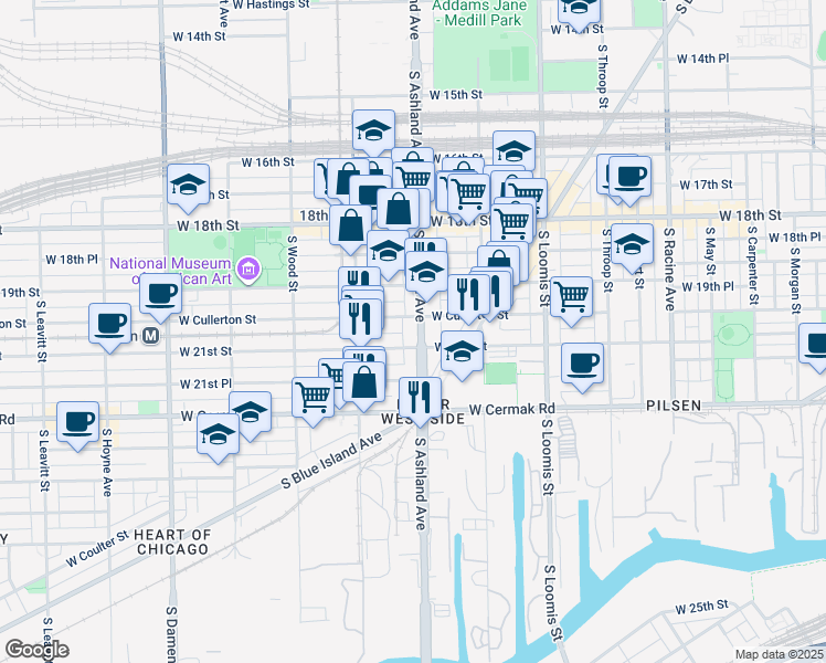 map of restaurants, bars, coffee shops, grocery stores, and more near 2010 South Ashland Avenue in Chicago