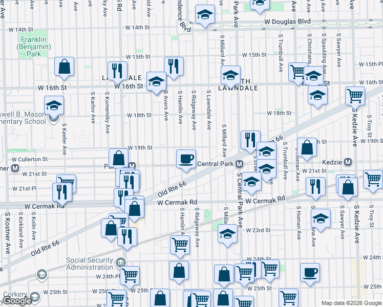 map of restaurants, bars, coffee shops, grocery stores, and more near 1917 South Ridgeway Avenue in Chicago