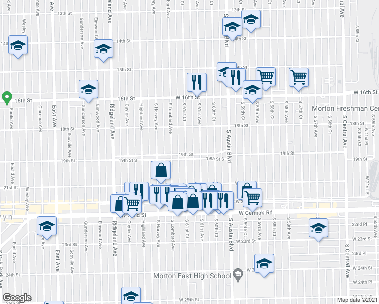 map of restaurants, bars, coffee shops, grocery stores, and more near 6116 West 19th Street in Cicero