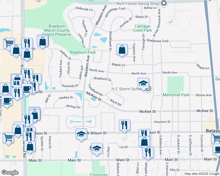 map of restaurants, bars, coffee shops, grocery stores, and more near 365 Bradford Circle in Batavia