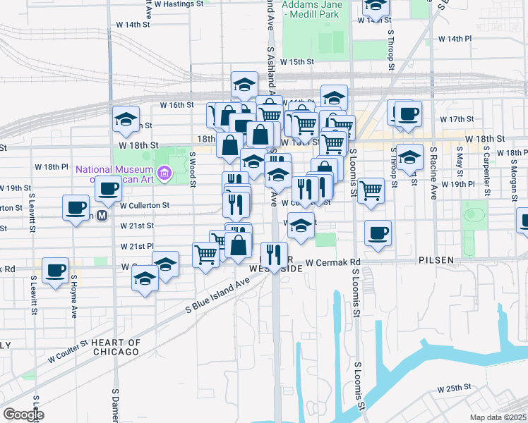 map of restaurants, bars, coffee shops, grocery stores, and more near 2010 South Ashland Avenue in Chicago