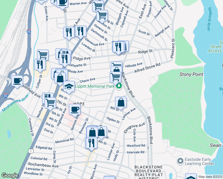 map of restaurants, bars, coffee shops, grocery stores, and more near 998 Hope Street in Providence