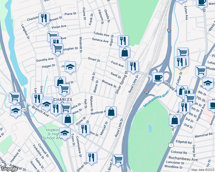 map of restaurants, bars, coffee shops, grocery stores, and more near 40 Brockton Street in Providence