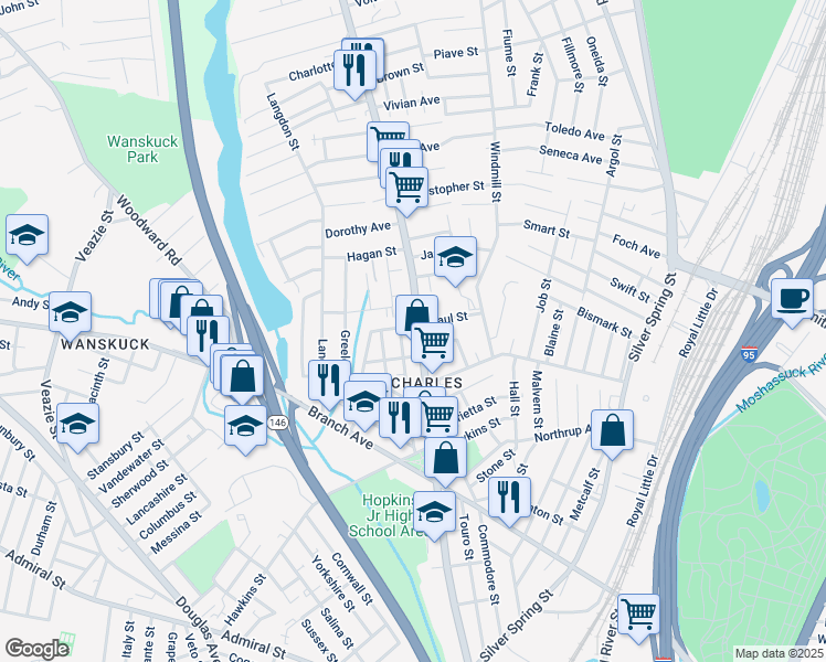 map of restaurants, bars, coffee shops, grocery stores, and more near 650 Charles Street in Providence