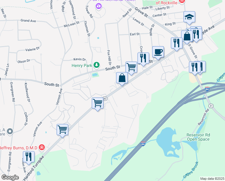 map of restaurants, bars, coffee shops, grocery stores, and more near 1161 Hartford Turnpike in Vernon