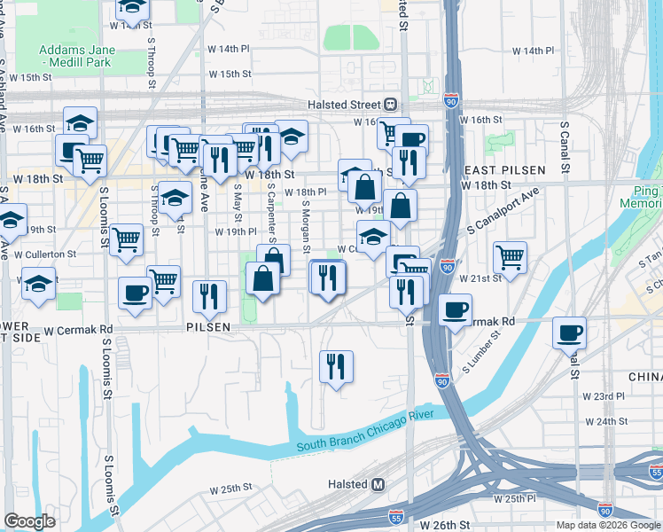 map of restaurants, bars, coffee shops, grocery stores, and more near 2021 South Morgan Street in Chicago
