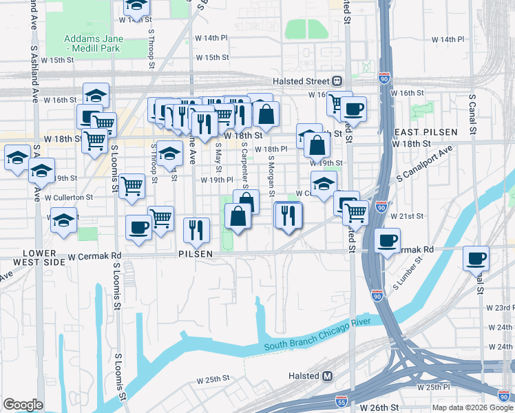 map of restaurants, bars, coffee shops, grocery stores, and more near 1025 West 20th Place in Chicago