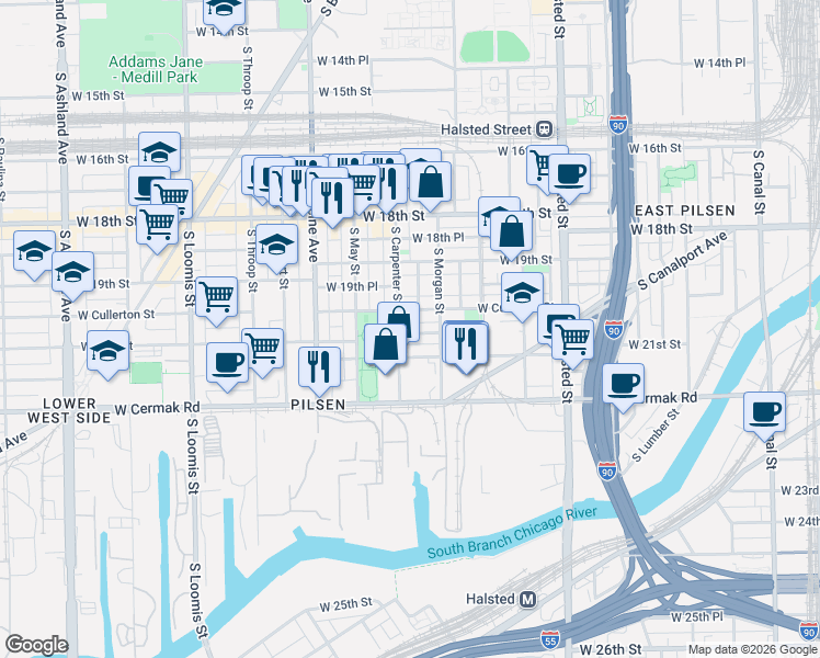 map of restaurants, bars, coffee shops, grocery stores, and more near 1028 West 20th Place in Chicago
