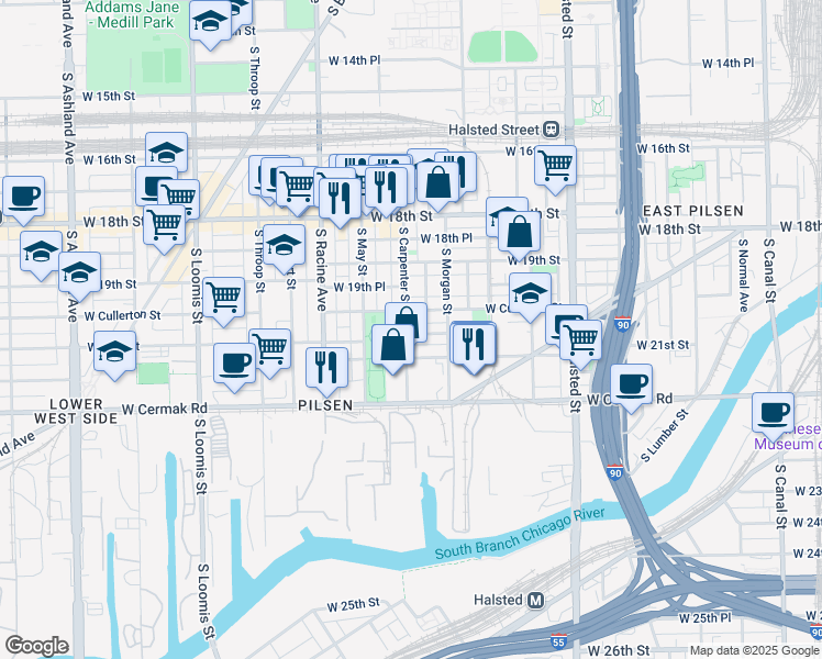 map of restaurants, bars, coffee shops, grocery stores, and more near 1025 West 20th Place in Chicago