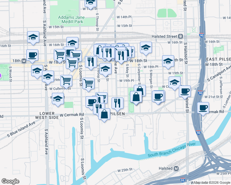 map of restaurants, bars, coffee shops, grocery stores, and more near 1212 West 21st Street in Chicago