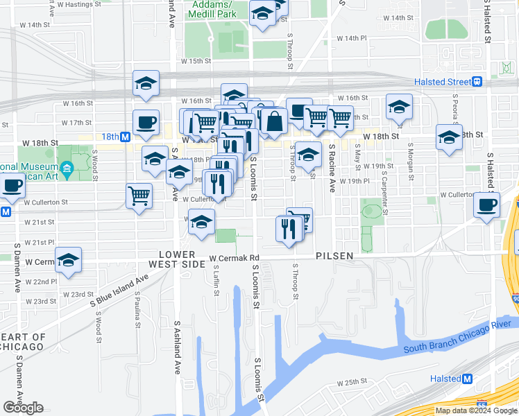 map of restaurants, bars, coffee shops, grocery stores, and more near 2018 South Loomis Street in Chicago