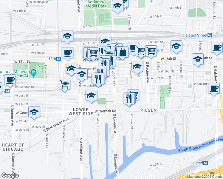 map of restaurants, bars, coffee shops, grocery stores, and more near 2018 South Loomis Street in Chicago