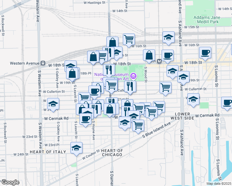 map of restaurants, bars, coffee shops, grocery stores, and more near 1934 West 21st Street in Chicago