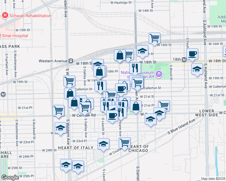 map of restaurants, bars, coffee shops, grocery stores, and more near 2125 West Cullerton Street in Chicago
