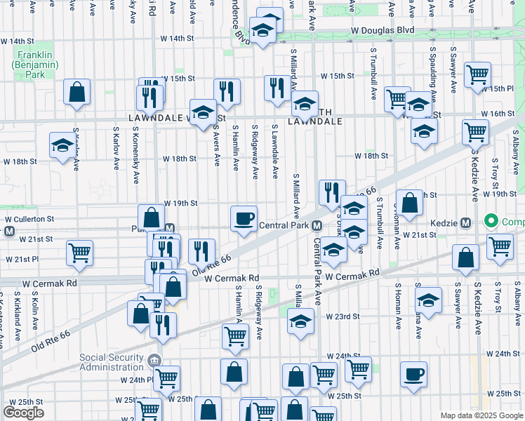 map of restaurants, bars, coffee shops, grocery stores, and more near 1917 South Ridgeway Avenue in Chicago