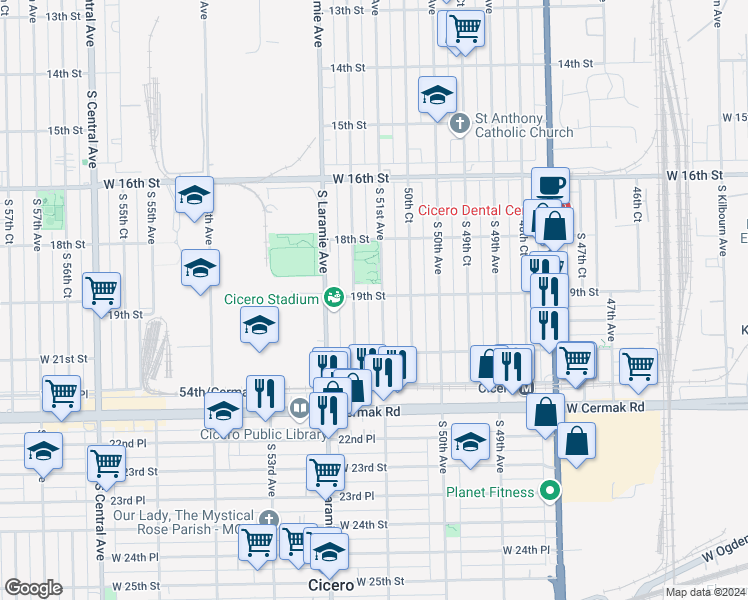 map of restaurants, bars, coffee shops, grocery stores, and more near 1905 South 51st Avenue in Cicero