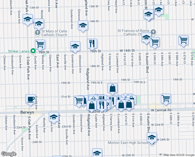 map of restaurants, bars, coffee shops, grocery stores, and more near 6303 19th Street in Berwyn