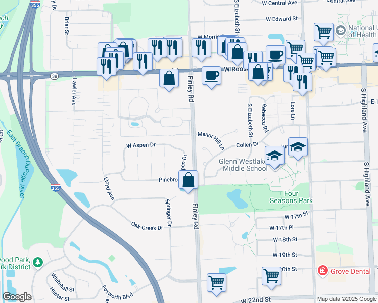 map of restaurants, bars, coffee shops, grocery stores, and more near 535 Aspen Drive in Lombard