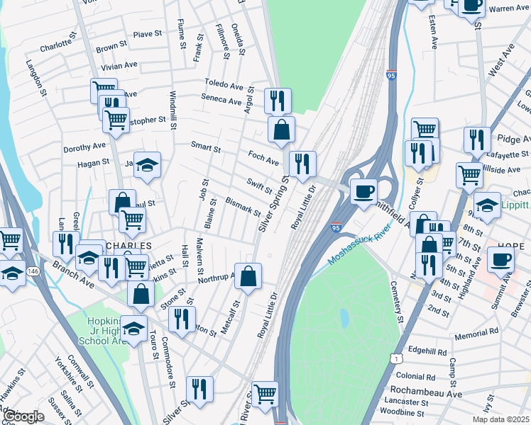 map of restaurants, bars, coffee shops, grocery stores, and more near 414 Silver Spring Street in Providence
