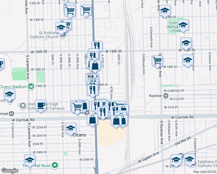 map of restaurants, bars, coffee shops, grocery stores, and more near 4707 19th Street in Cicero
